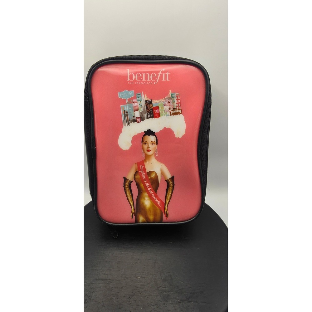 Benefit Cosmetics Pink Retro Graphic Makeup Bag Travel Case Black Faux Leather
